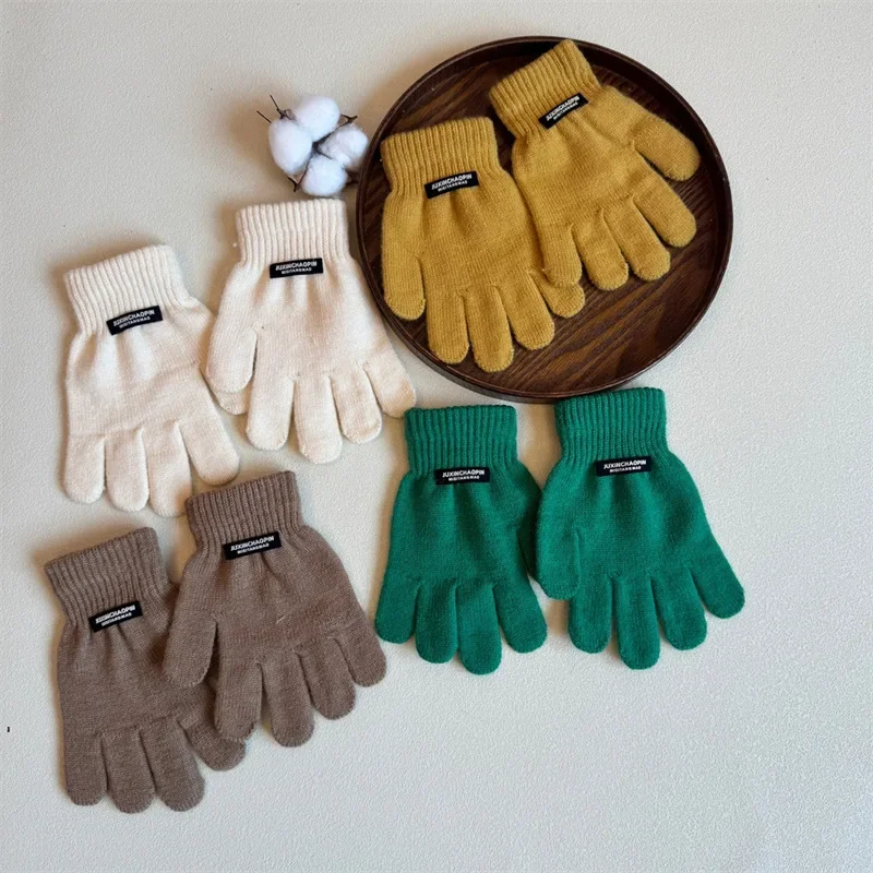 Winter Kids Gloves 3-8 Years Girl Boy Warm Knitted Five Finger Outdoor Children Mittens Solid Color Gloves