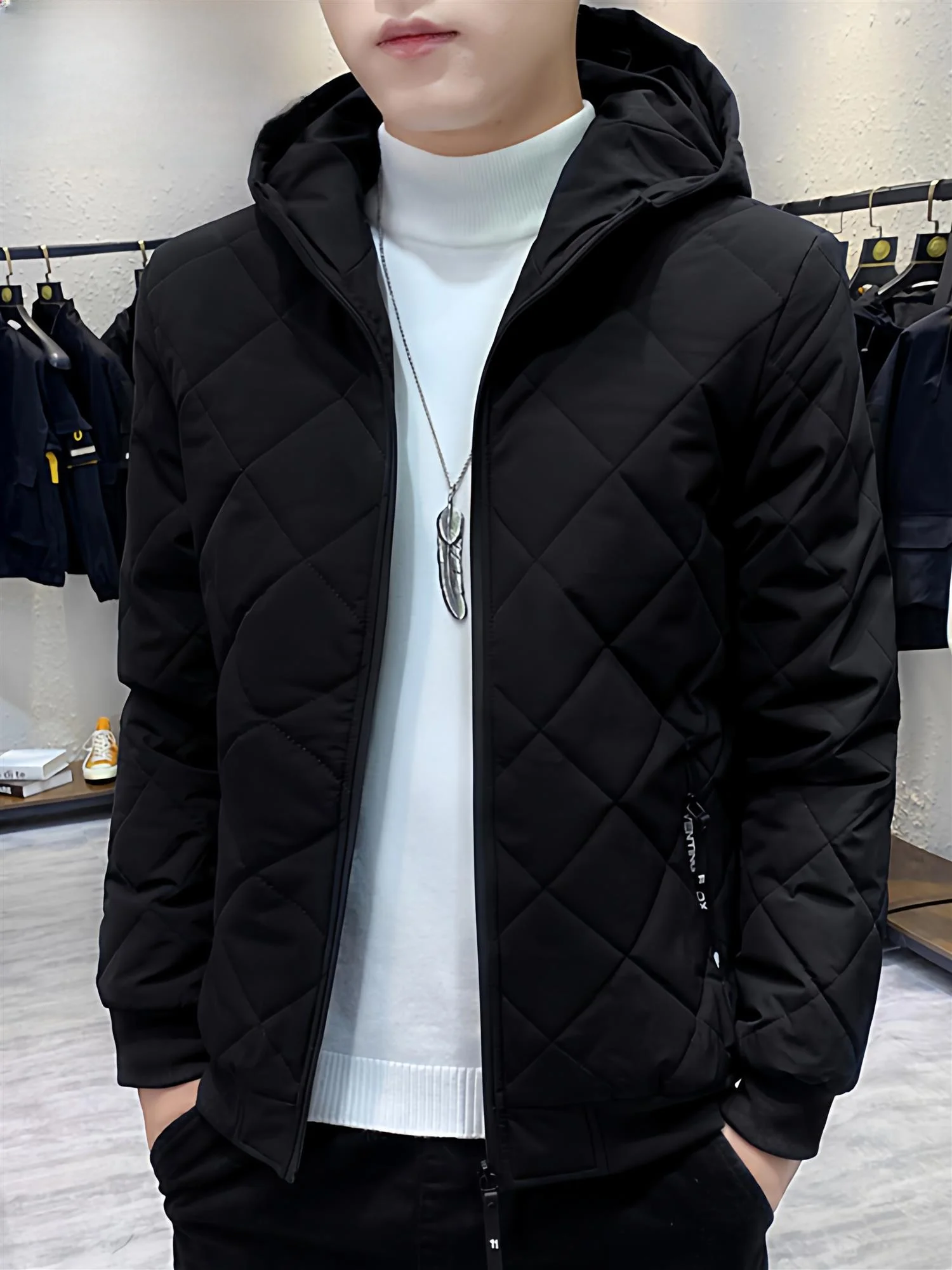 الرجال Thiened القطن Jaet الخريف الشتاء Faion الحضرية Sle عارضة مقنعين Fce اصطف الدفء ملابس خارجية ألياف البوليستر #2