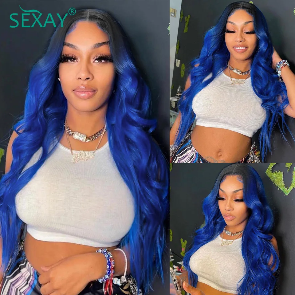 Ombre Blue Bundles With Frontal Pre Plucked Brazilian Body Wave 1B Blue Color Human Hair Weave 3 Bundles With 13x4 Lace Frontal