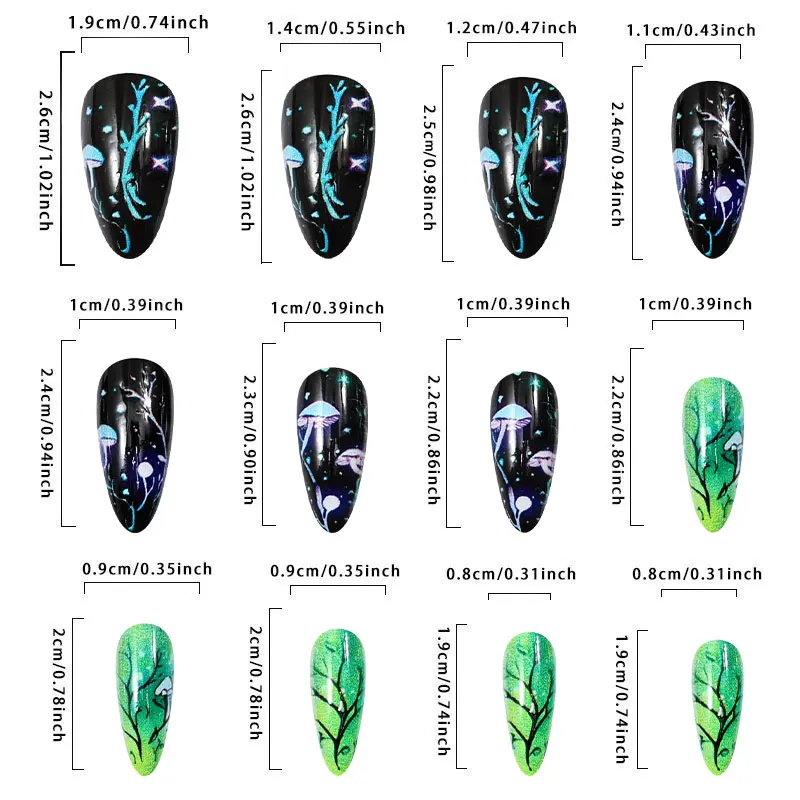 아몬드 프레스온 네일 버섯 모양 가짜 손톱 잎사귀 스머지 디자인 프레스온 네일 3D 탈부착 가능 풀커버 인조 손톱 팁