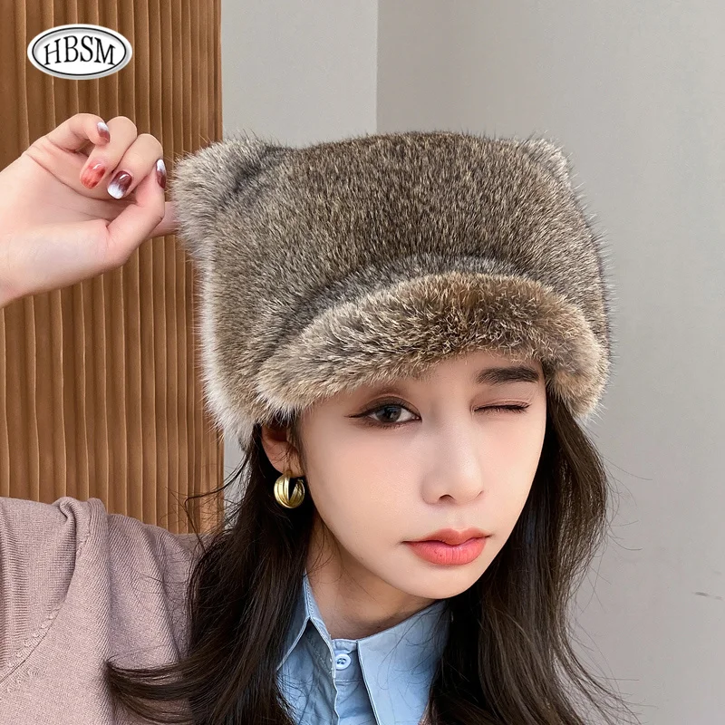 

New 100% Real rabbit Fur Hats Women's Russian Ushanka Aviator Trapper Snow Skiing Hat Caps Earflap Winter rabbit Fur Bomber Hat