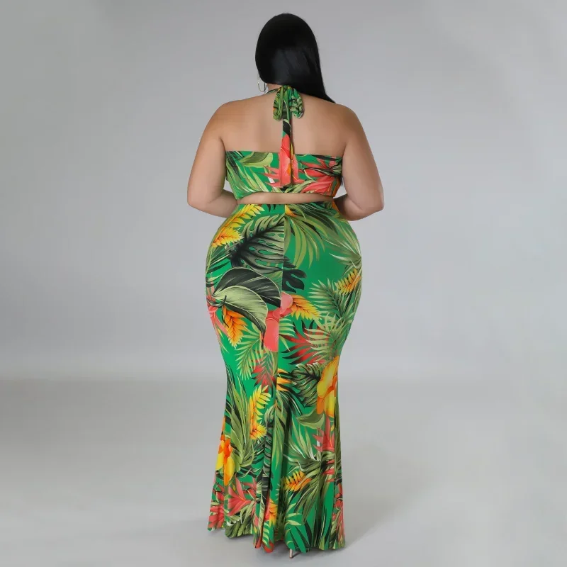 KEXU Sexy Beach Women Plus Size Two Piece Set Print Halter Sleeveless Backless Bra+long Slim Skirts Dress Suit