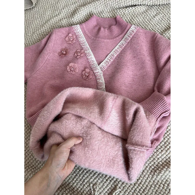 Herfst Winter Dames Nieuwe Nep Tweedelige Gebreide Trui Dieptepunt Shirt Vrouwen Plus Fluwelen Gewatteerde Warme Jas Ronde Hals trui