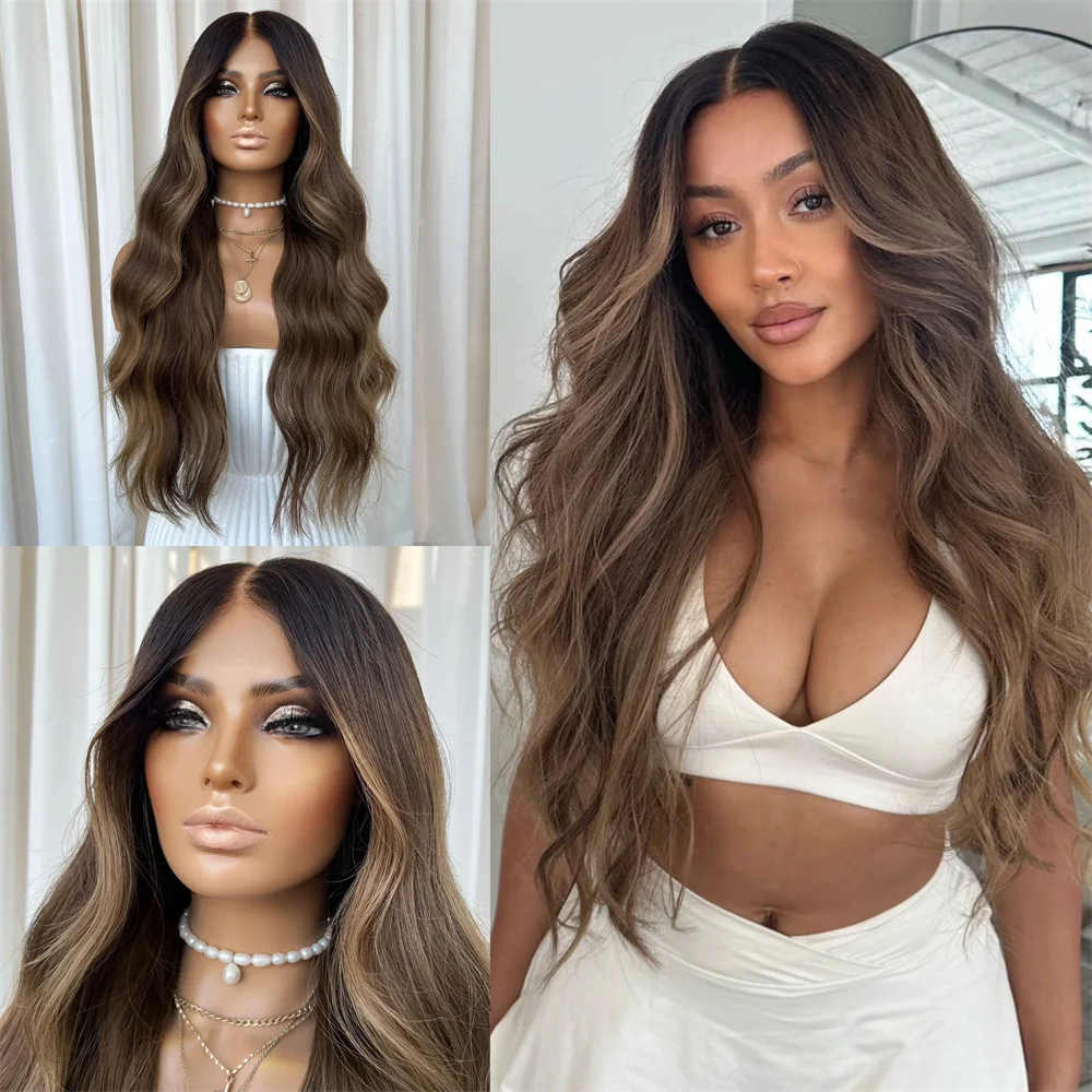 

Brunette Brown Ombre Lace Front Wigs Long Wavy Synthetic Fibre Blend Human Hair Wigs Glueless 13x4 Premium Women's Cosplay Wig