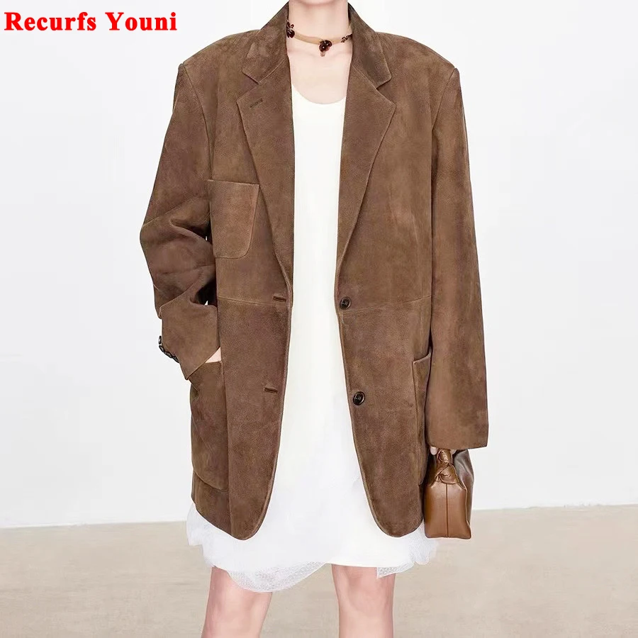 Vintage Nubuck Leather Coat for Women Spring Fashion Genuine Suede Retro Jacket Unburn Maillard Old Money Style Silhouette Suit