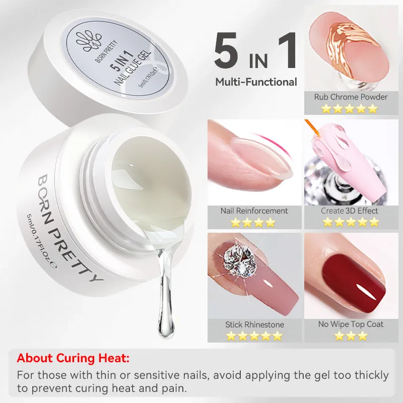BORN PRETTY 5ml  5 IN 1 No-wipe Top Coat Reinforcement Gel Nail Polish Create 3D Shape Stick Nail Rhinestones Nail Art Gel