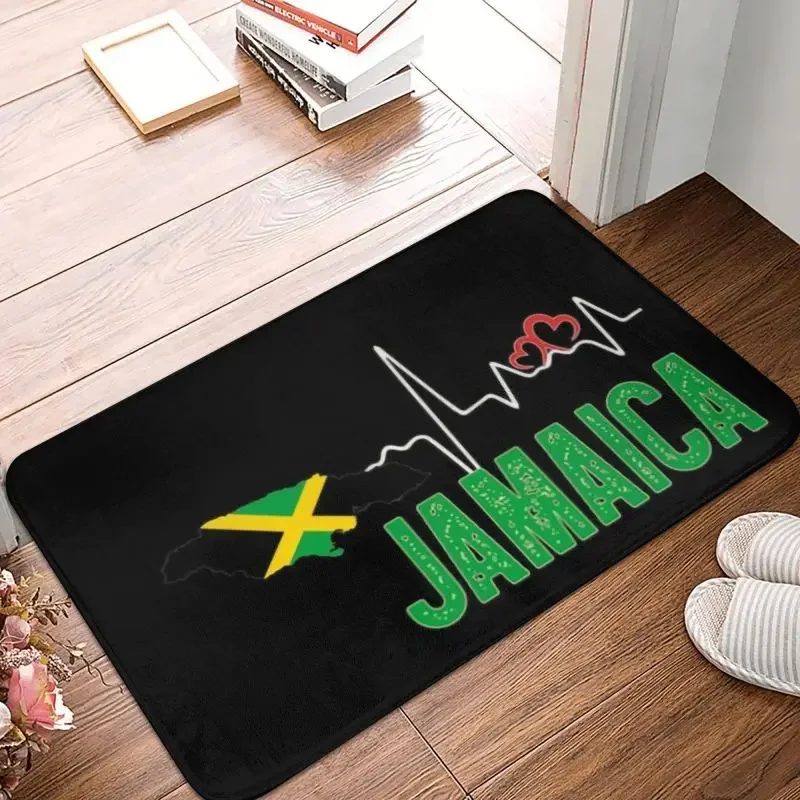 Jamaica Flag Map Heartbeat Front Door Mat Anti-Slip Outdoor Absorbent Jamaican Proud Doormat Kitchen Balcony Entrance Rug Carpet