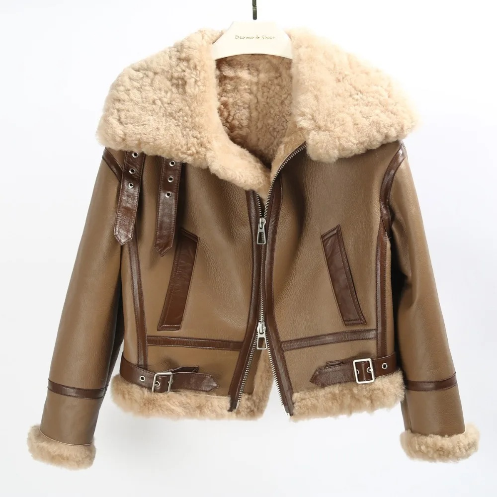 OFTBUY Winter Jacket Women Wholo Leather Bazaar Nature Lamb Real Fur Coat Short Warm Coats Women\'s Motorcycle Leather Jackets