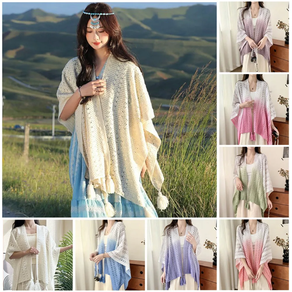 

Trendy Gradient Color Knitted Hollow Out Shawl Bohemian Ethnic Style Mongolian Poncho Versatile Tie Dye Knitting Wraps Cape