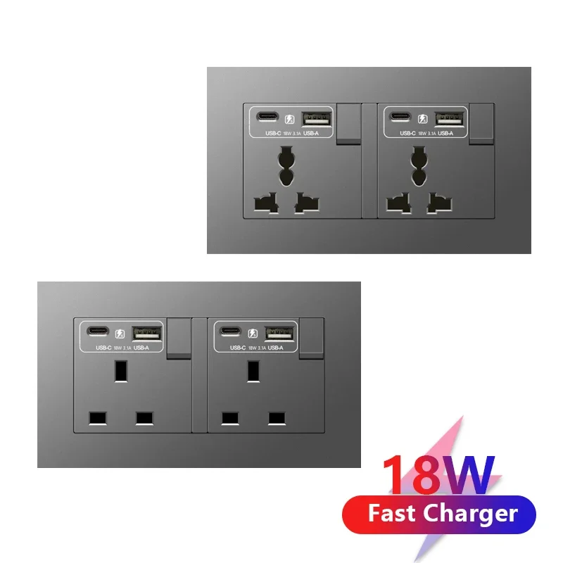 Universal 18W Type-C Quick charge Double Power Outlet,220V Electrical Wall Light 2way Switch UK 13A Wall Double USB Plug Socket