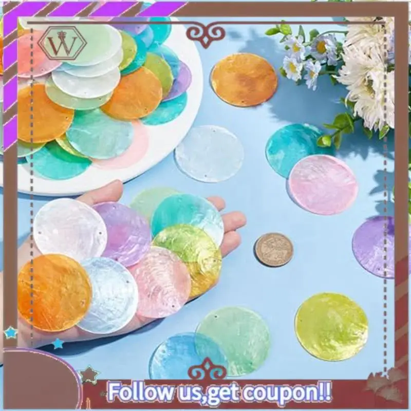 (New)-2Set 2Inch Round Sliced Capiz Shell Disc Sea Shell Coin Bead Connector With 1.5Mm Dual Holes For Crafting