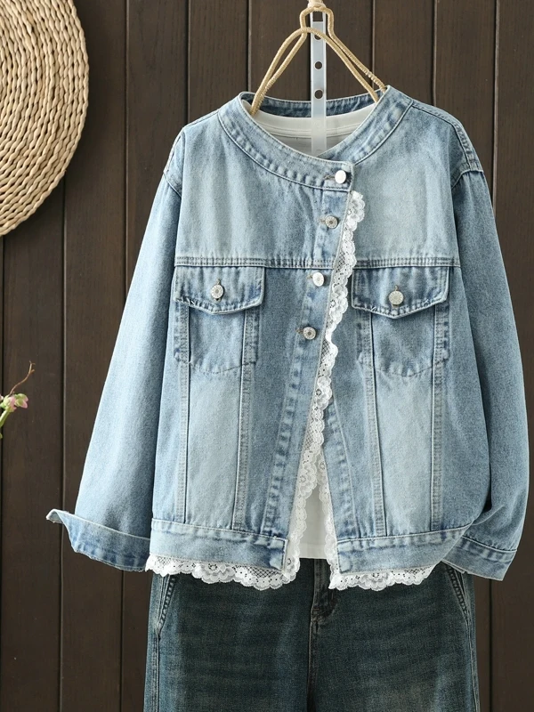 

Джинсовый топ с кружевной отделкой, женский весенне-осенний новый модный топ большого размера, уникальный красивый топ Jaet, женский свободный крой, длинный све