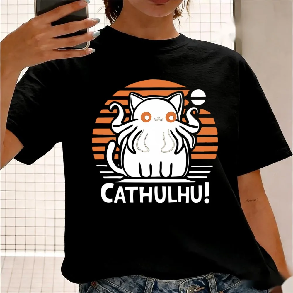 Cathulhu Retro Sunset Stripes Graphic Unisex TShirt Women Men Casual Summer Cotton Short Sleeve Cute Funny Cat Lover Gift Tee