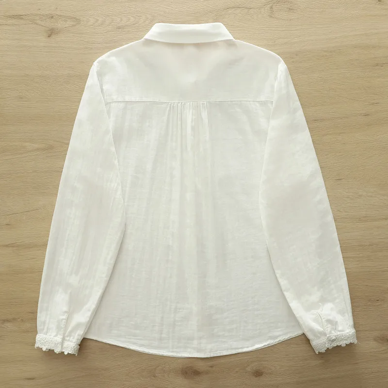 New 2026 Spring Women Cotton Yarn Long Sleeve Shirt, Turn-down Collar Lace, Mori Girl French Simplicity Loose Blouse T63126CC view 5