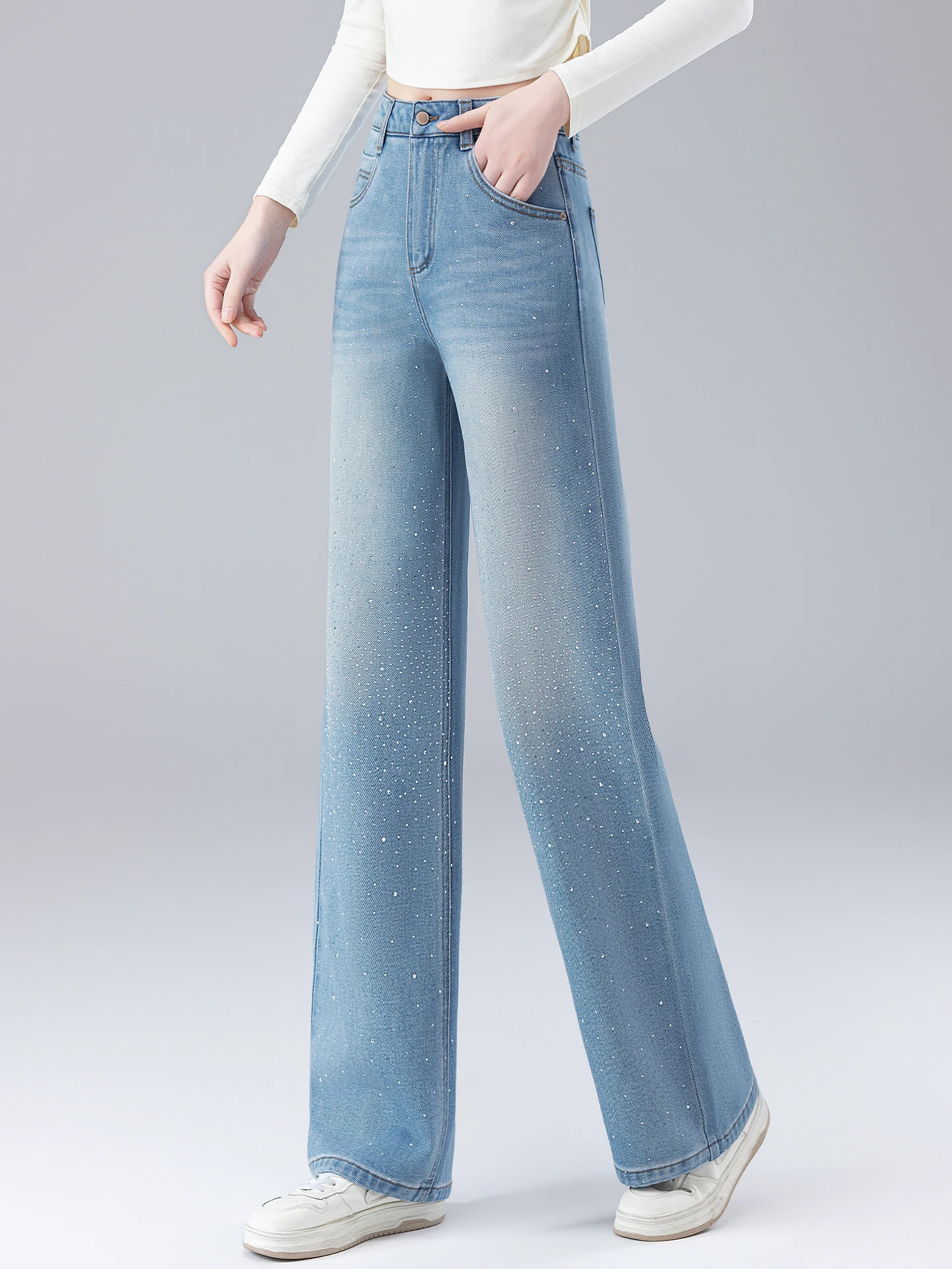 Light Blue Straight Leg Jeans Women's Spring Autumn New Small Size Star Rhinestone Narrow Version Wide Leg Pants
