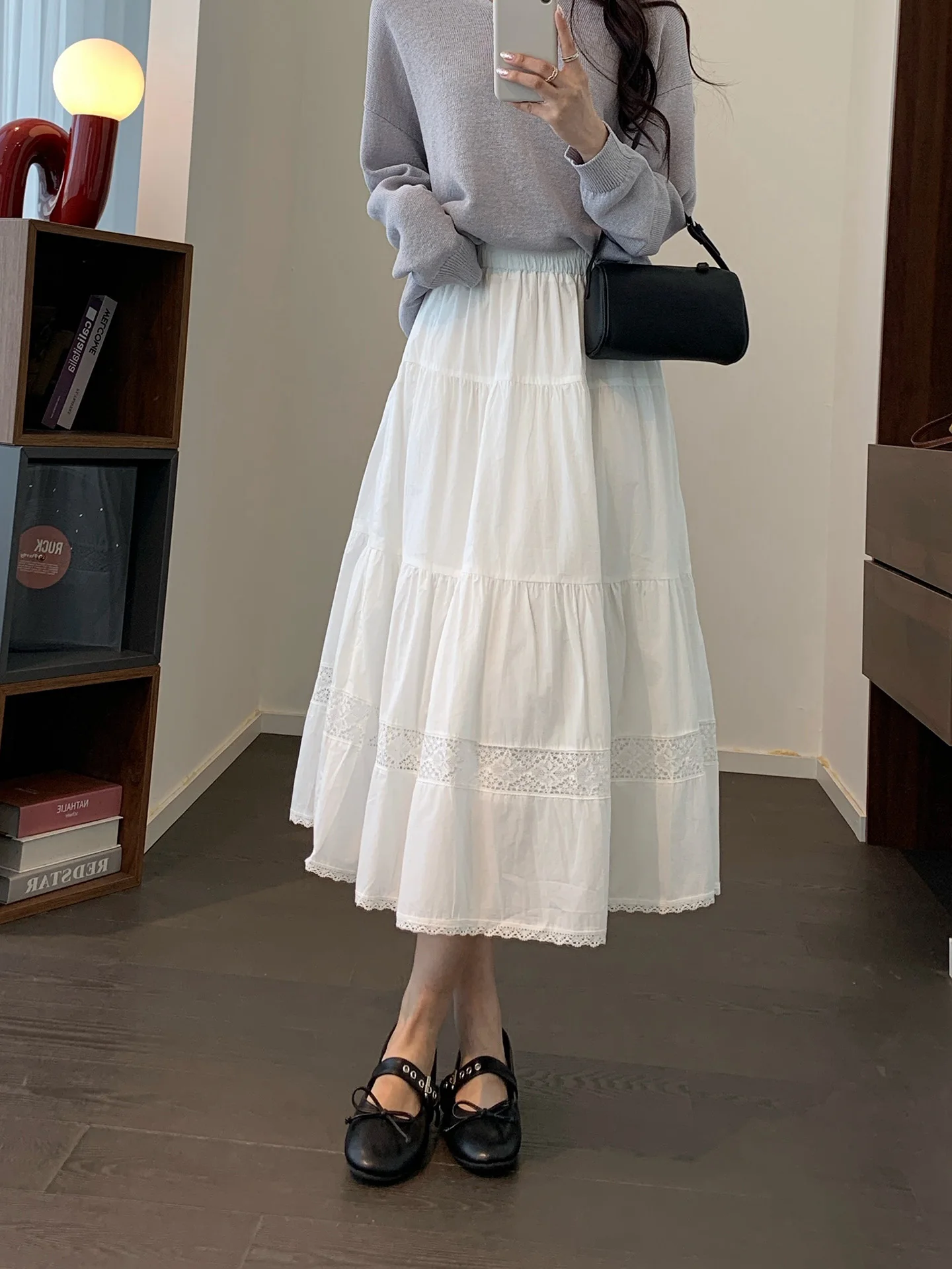 

Romantic High Waist Elastic Lace Splicing Cake Skirt A-Line Midi Length Half Body Skirt Women Cotton Gauze Uni Crisprit