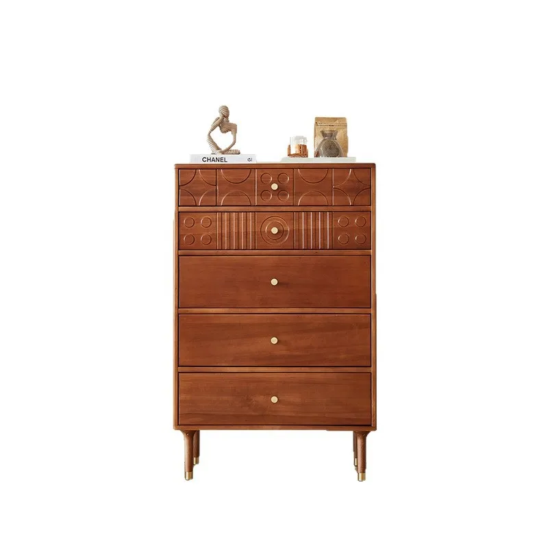 

Mid-Century Style Chest of Drawers Solid Wood Vintage Carved Five-Dou Entrance Bedroom Living Room Kitchen Storage Storage