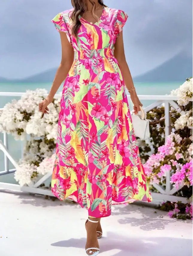 Neues elegantes, kurzärmliges Sommerkleid für Damen mit Rüschen an der Taille und elastischem Bund, geeignet für den Strand