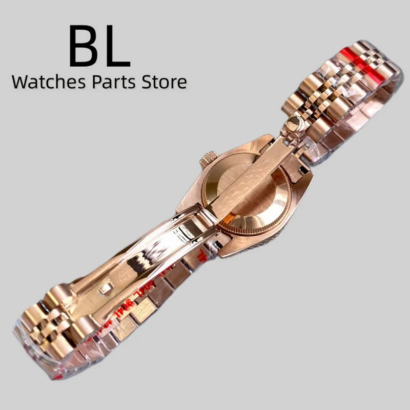 BLIGER 26mm NH05 Mechanical Lady\'s Watch Silver Rose Gold Strap Fluted Bezel Sapphire Glass Black Dial Diamond Index Waterproof
