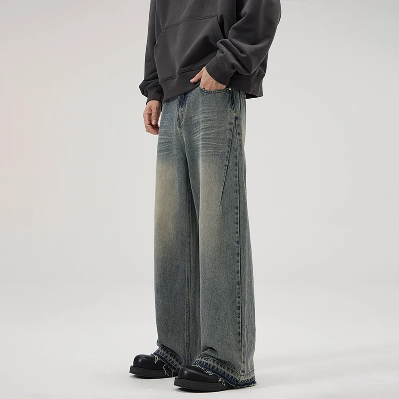 New Vintage Wide Leg Loose Slightly Flared Washed Denim Jeans With Men'S Straight Leg Design Clean Fit And Fringed Pants