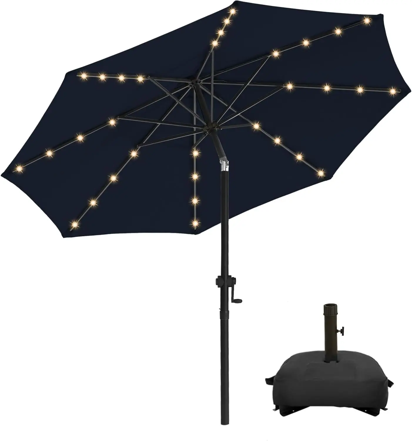 

9FT Solar Led Patio Umbrella with Base, Sturdy Outdoor Market Umbrella for Deck, Pool, Garden w/Tilt, Crank, 32 LED Lights