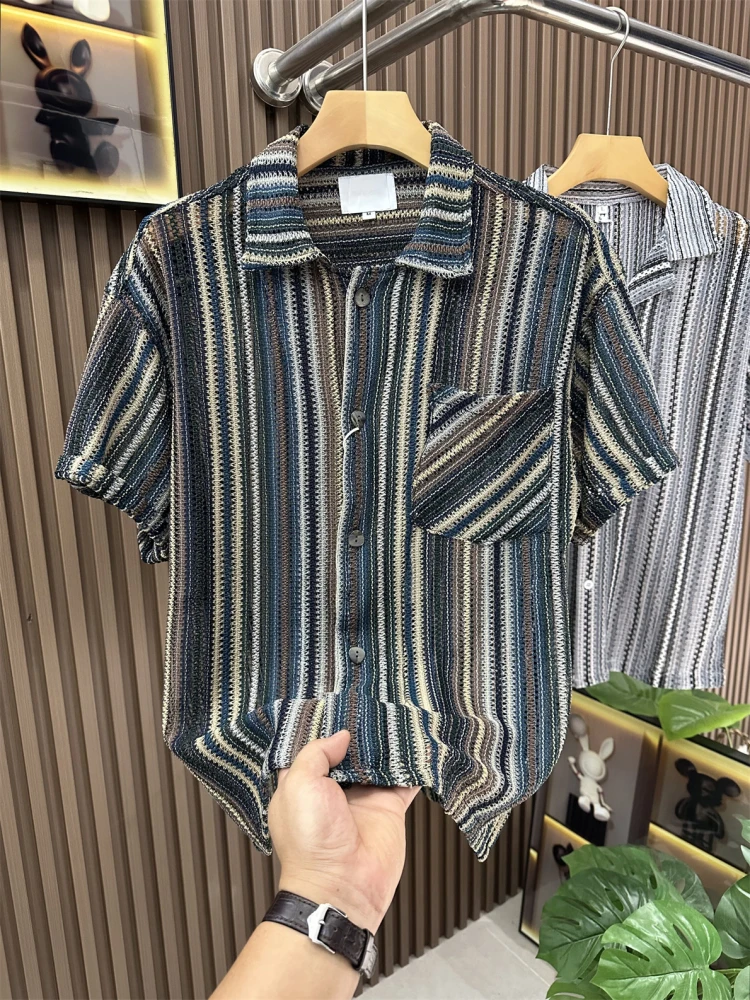 

Summer 2025 Men's Fashion Casual Short Sleeve Striped Shirt Trendy All-Match Loose Polyester Fiber Breathable Youth Popular