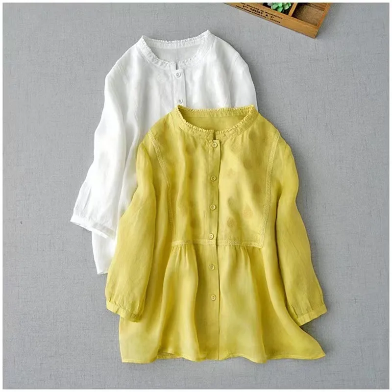 

Thin Ramie Summer Blouses Causal O-neck Lace Patchwork Women Shirts Loose Literary Embroidery Tops Solid Robe