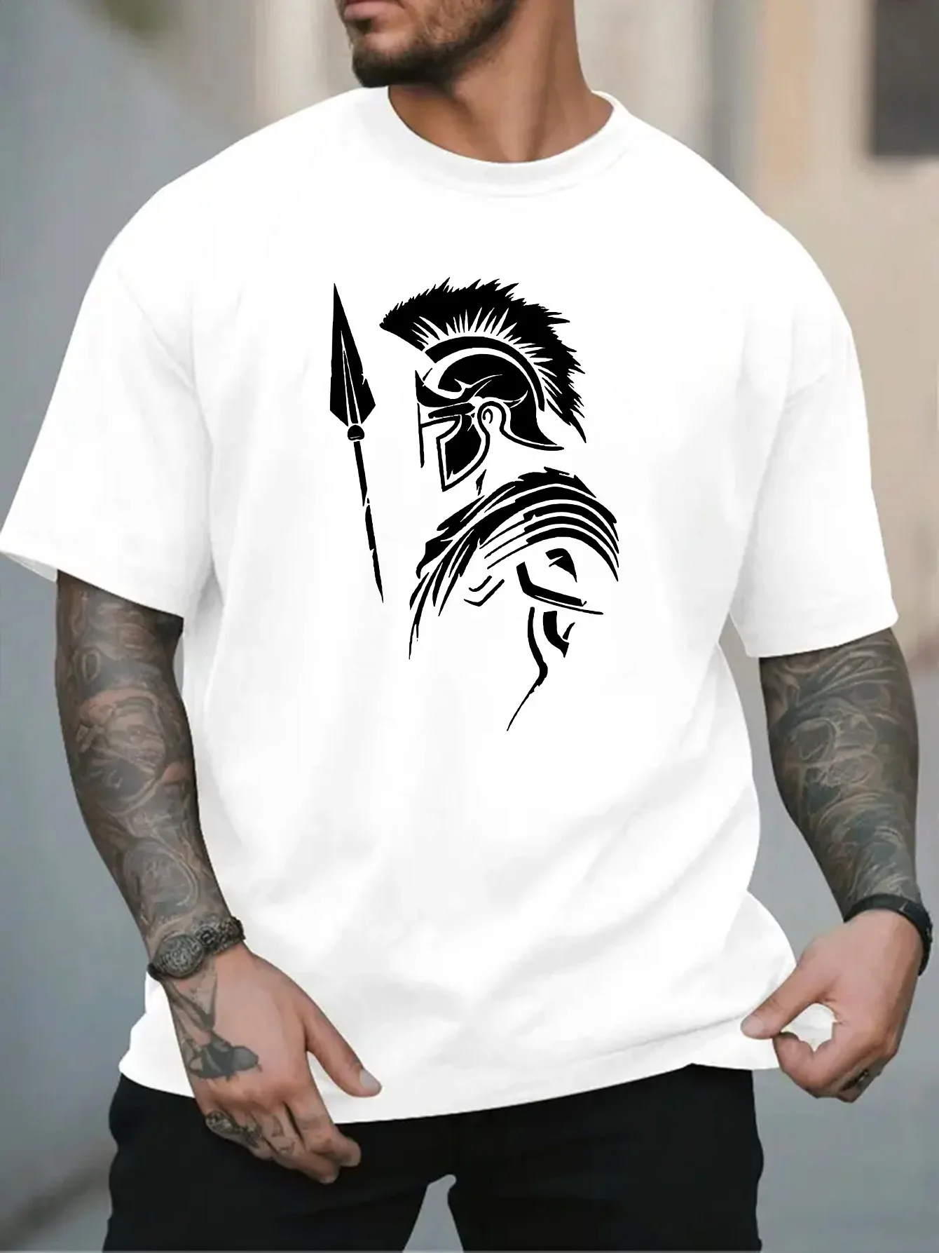 Men Black Crew Neck Tee White Spartan Warrior Silhouette Spear And Helmet Ancient Greek Fighter Graphic Casual Cotton Tops