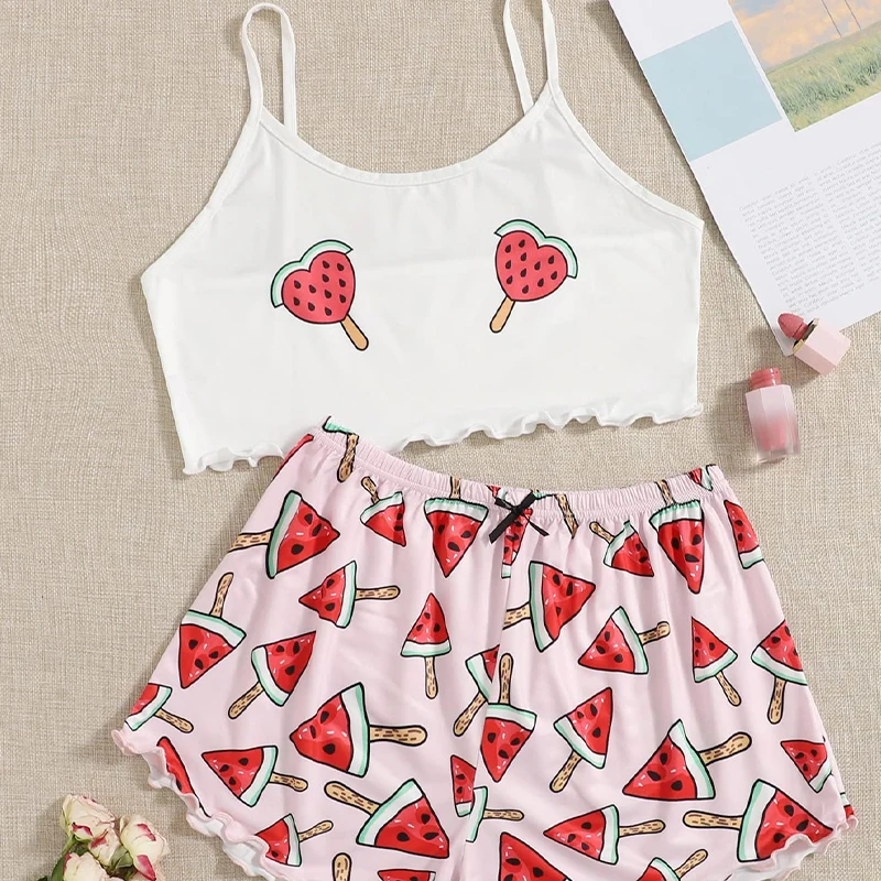 Summer New Comfortable Two-Piece Milk Silk Pink Printed Watermelon Suspender Sexy Women\'s Home Sleepwear Set