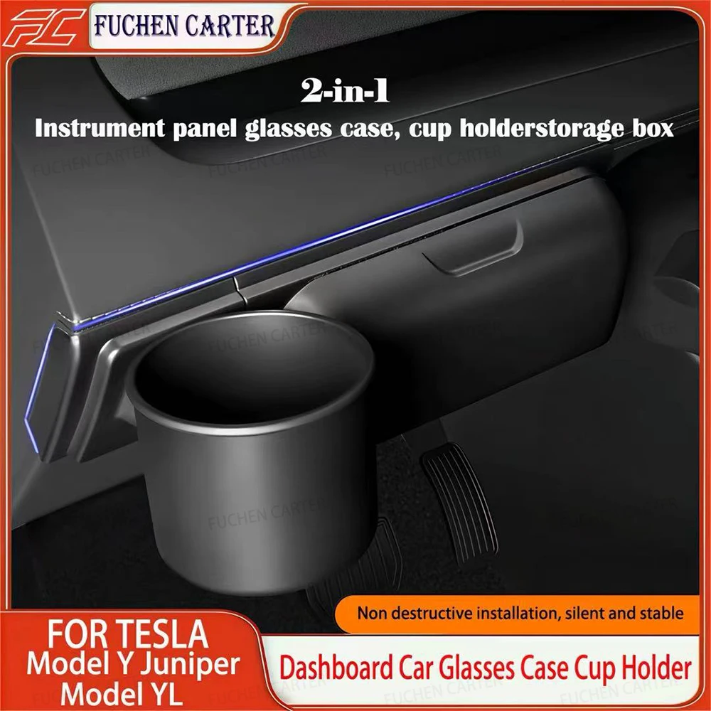 For Tesla ModelYL/Y Juniper 2025 2026 Car Glasses Case Sunglasses Storage Box Dashboard Glasses Holder Cup Holder Set Accessorie