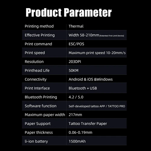 Imagen 2 del producto Impresora de plantillas de tatuaje inalámbrica, impresora térmica portátil de transferencia de tatuajes con Bluetooth, funciona realista para teléfono/tableta/PC