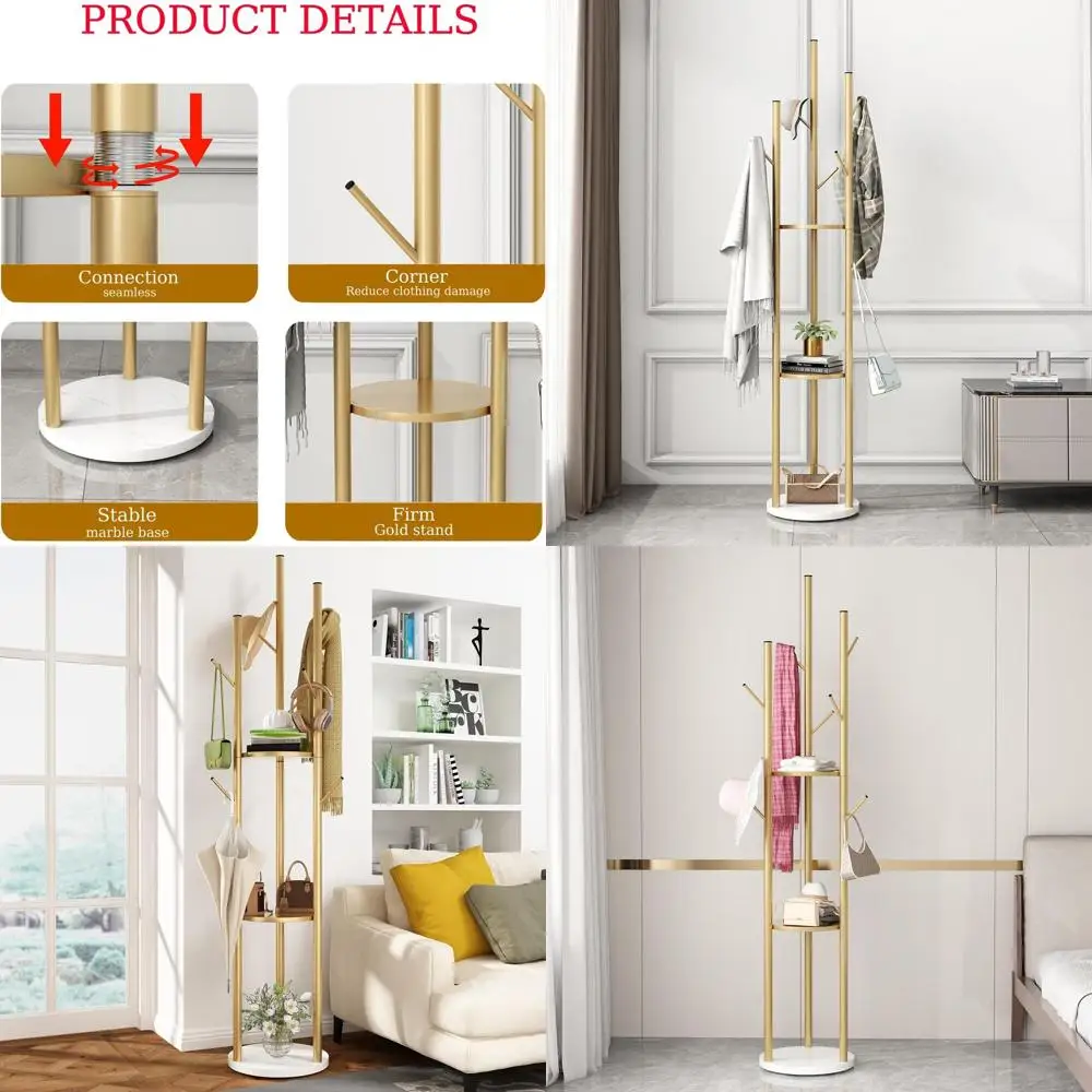 

9-Hook Freestanding Metal Coat Rack with Marble Base, Stylish Entryway Tree Hanger for Purses and Coats