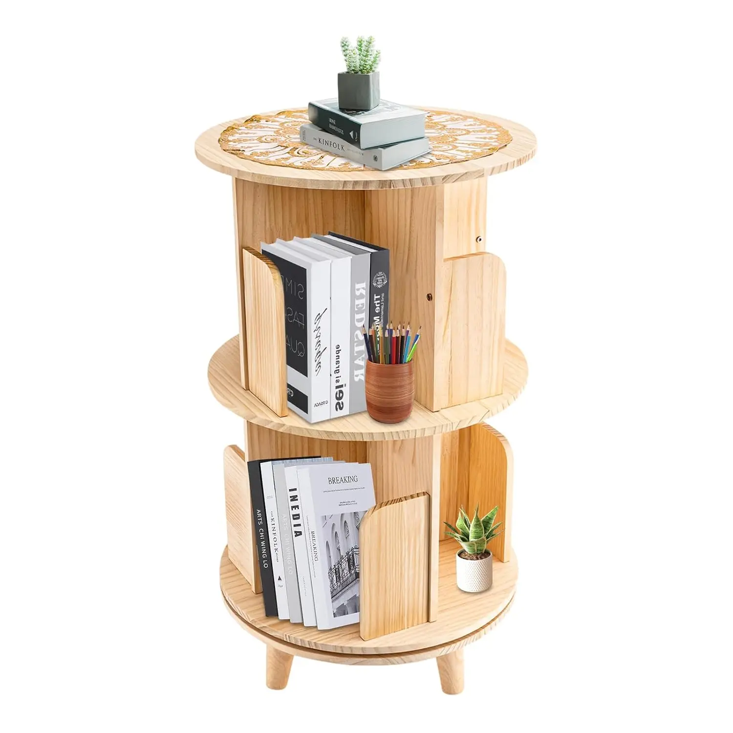 

360 Rotating Pine Wood Bookshelf 110lbs/Tier Space Saver Nursery Living Room Study 2 Tier, Customized