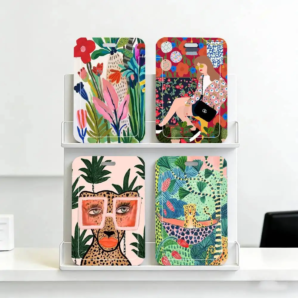 Colorful Plant Leopard And Woman Black Lanyard Card Holders Student Meal Cards And Campus Ids School
