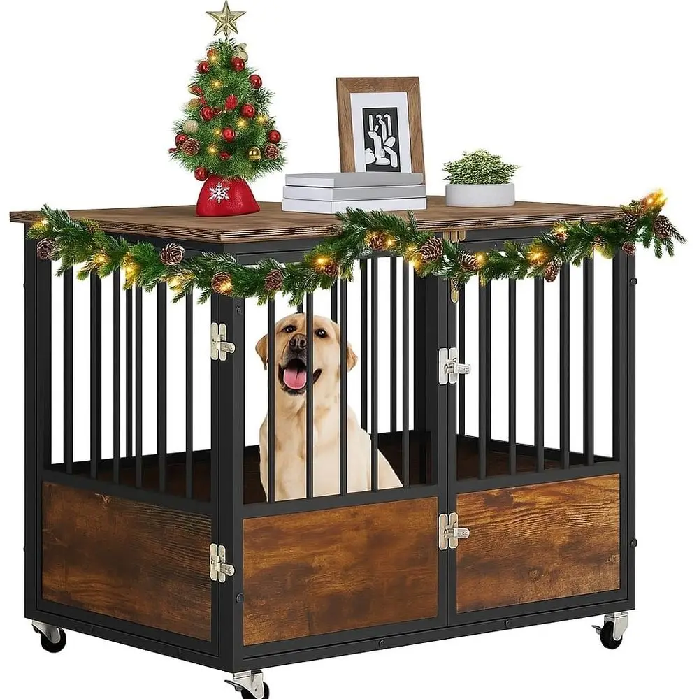 

Rustic Heavy Duty Dog Crate urniture with Wheels, Double-DoMetal Dog Kennel Indoor or Small Medium Dogs, Decorative Dog House Si