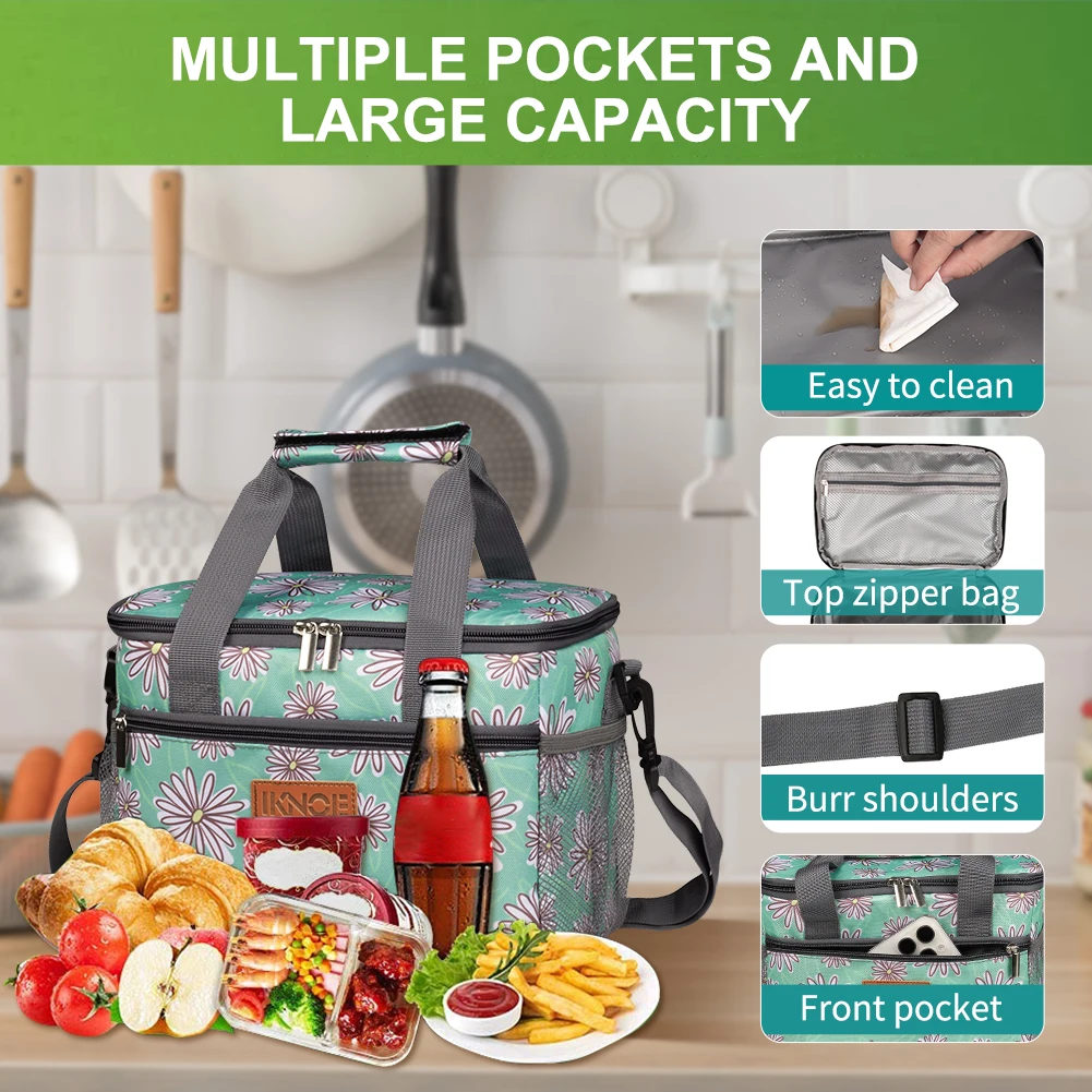 귀여운 핸드백 스타일의 꽃무늬 프린트 보온 도시락 가방 여성용 크로스바디 음식 보관 쿨러 아이스 케이스 캠핑 가방