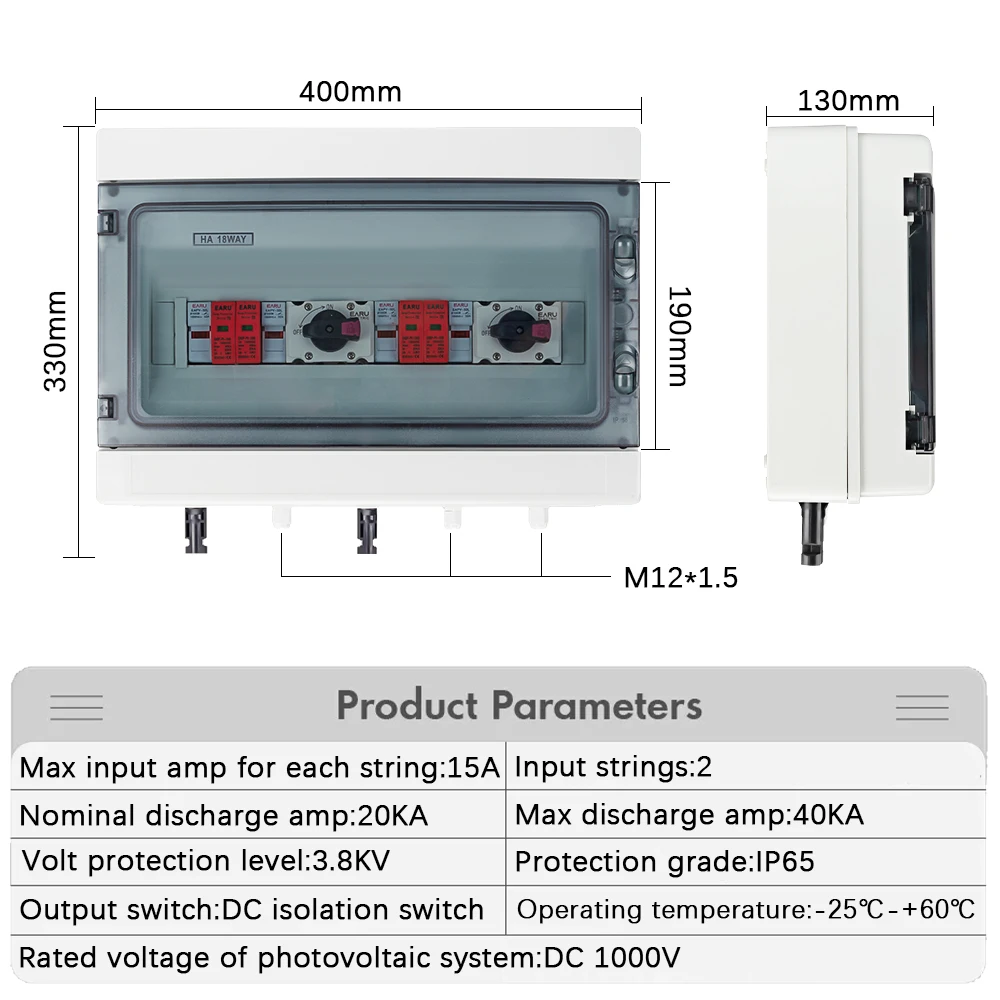 Solar Photovoltaic PV Combiner Box With Lightning Protection 2 Input 2 Out DC 1000V 15A Fuse MCB SPD Waterproof Box IP65  18Ways