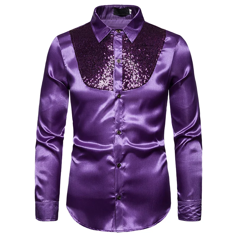 Mens Shiny Sequins Silk Satin Dress Shirts White Long Sleeve Button Up Shirt Men Disco Party Stage Singer Prom Camisa Masculina