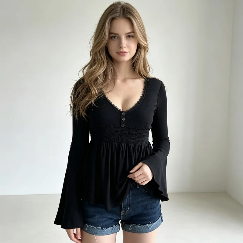V-Neck Lace Trim Long Sleeve Top Smocked Waist Flare Sleeve Casual Blouse Autumn Winter A-Line Solid Color Fashion Shirt