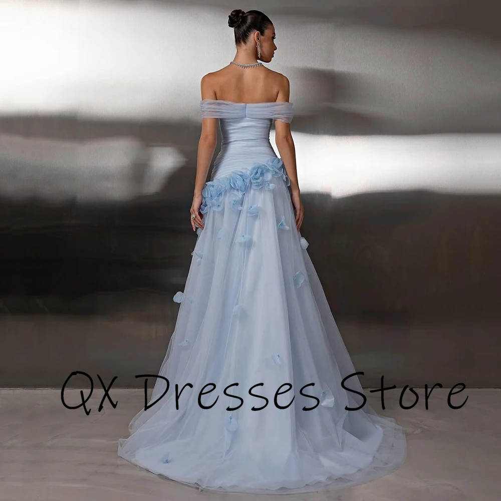 فستان سهرة مخصص مكشوف الكتفين من التول الأزرق السماوي مزين بدون أكمام سويب تراين للحفلات على شكل حرف a فستان حفلات على الأرض #2