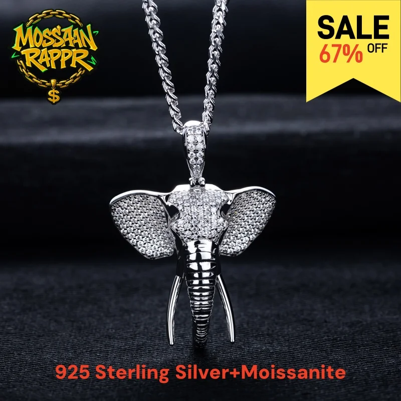 

MossanRappr 1.79cttw Moissanite Iced Out Animal Elephant Pendant Hip Hop Necklace 925 Sterling Silver Rock Punk Jewelry for Men