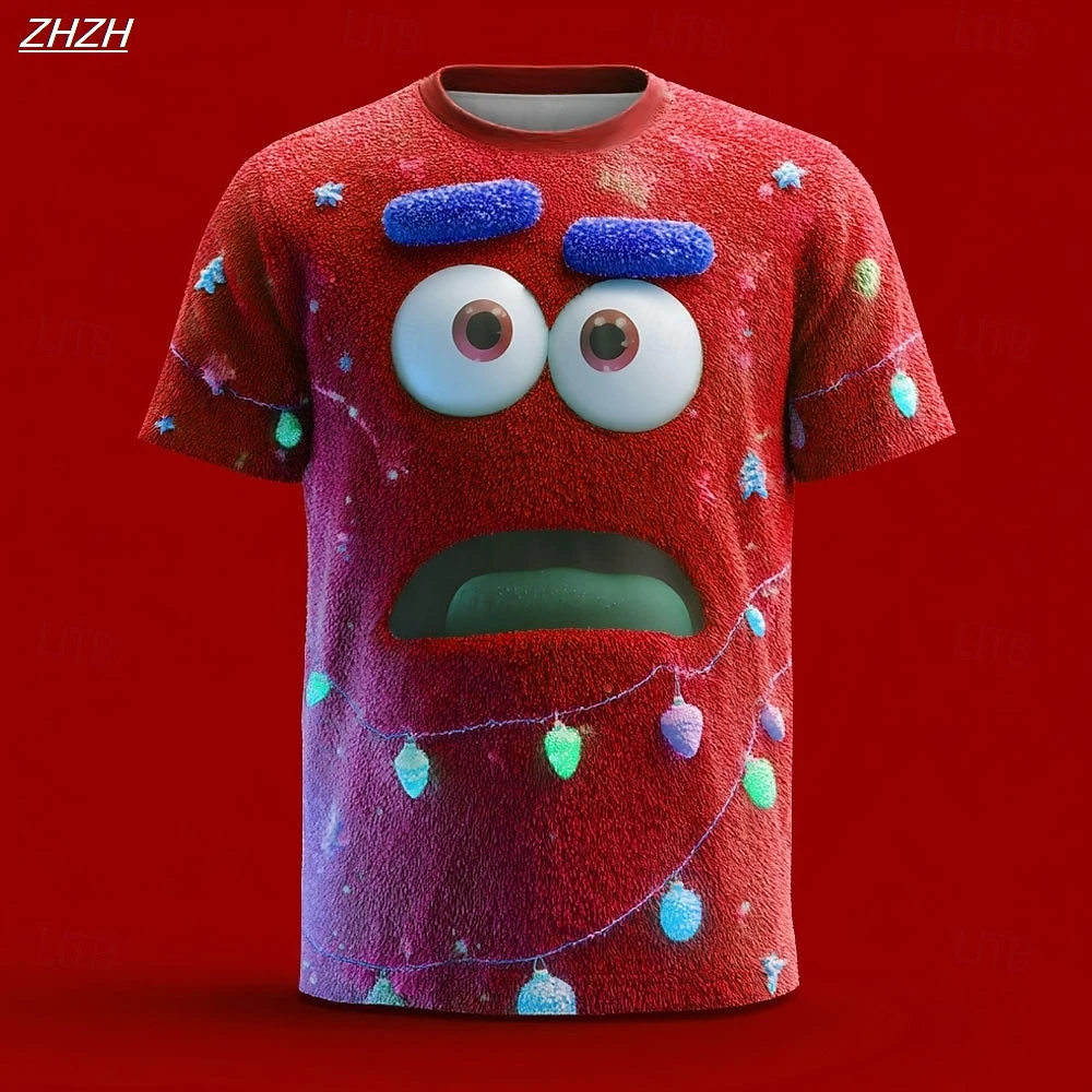 Christmas Men's Optical Illusion 3D Print Short Sleeve, Funny Emotes Crew Neck Tee,Novelty Graphic Shirt,All Seasons Casual Wear