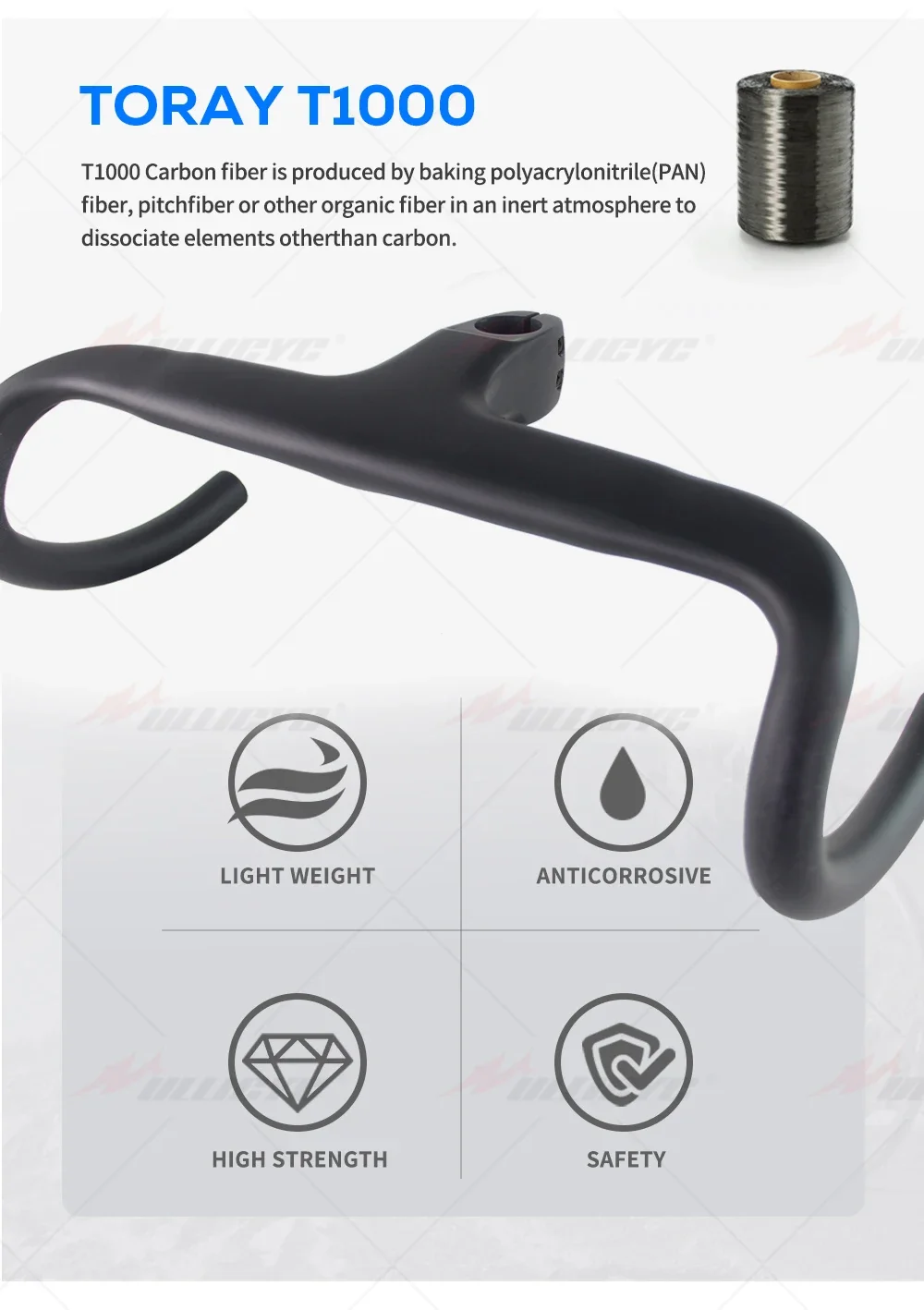 Logofreier Vollcarbon-Rennradlenker, integrierte Kabelführung, Distanzstücke inklusive. 28,6 mm Klemmdurchmesser, -10 ° Neigung – Detail 1