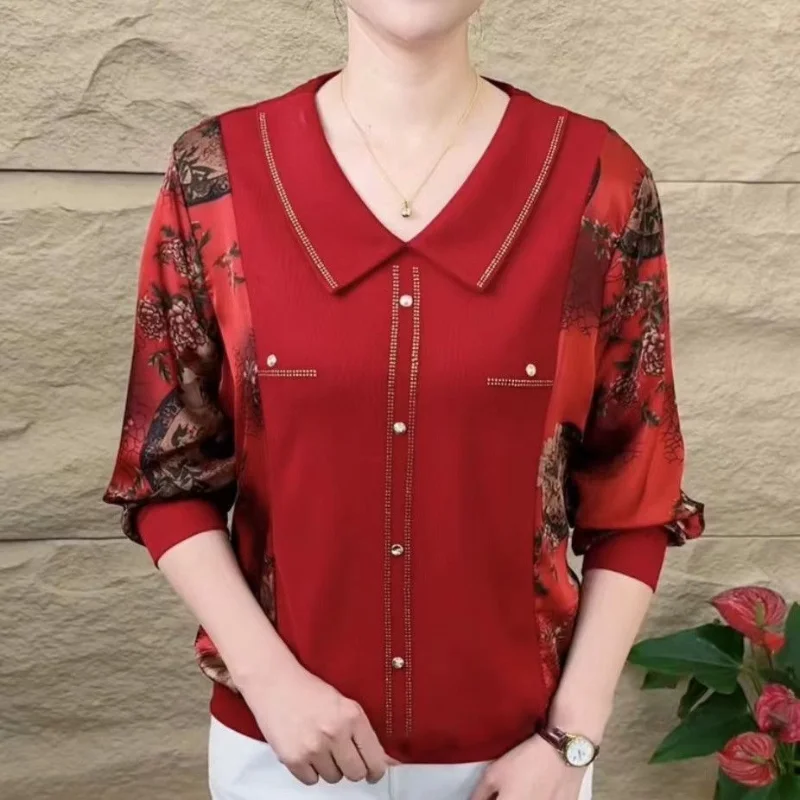 Mom Outfit Autumn Fashion New Lapel Chiffon Blouse Printing Splicing Loose Large Size Appears Thin Versatile Long Sleeves Tops