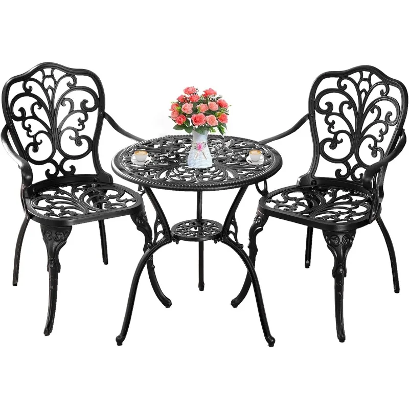 3 Piece Patio Bistro Set Cast Aluminum Bistro Table and Chairs Set of 2 with Umbrella Hole,All Weather Metal Bistro Table Set