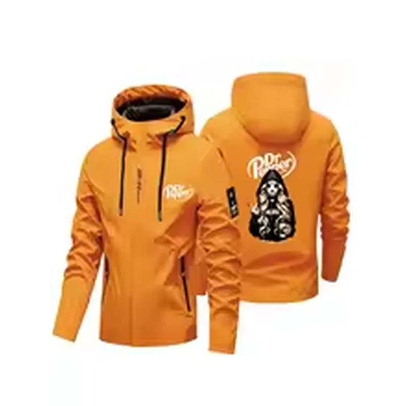 Men Streetwear Hooded Outdoor Jacket, Back Masked Blonde Girl Drink Cup Portrait Print Windbreaker, Casual Hiking Travel Coat