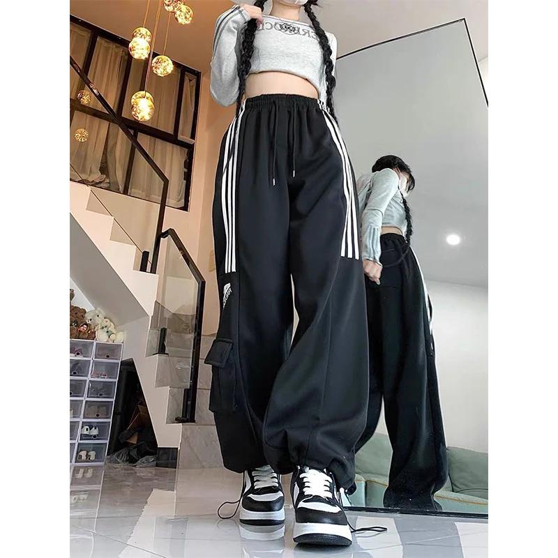 American Vintage Workwear Pants Women High Waisted Embroidery Drawstring Pockets Casual Sports Loose Versatile Straight Trousers