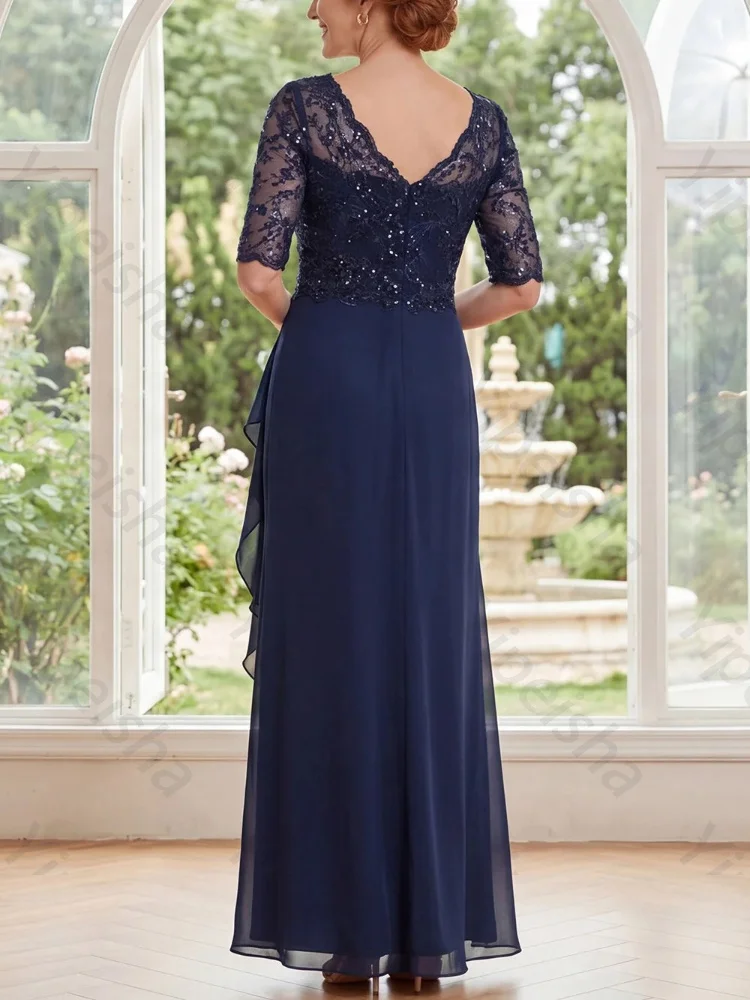 Customized Navy V-Neck Chiffon Half Sleeves Ruffles Mother of The Bride Dresses Sexy Evening Dress High Quality Prom Party Gowns