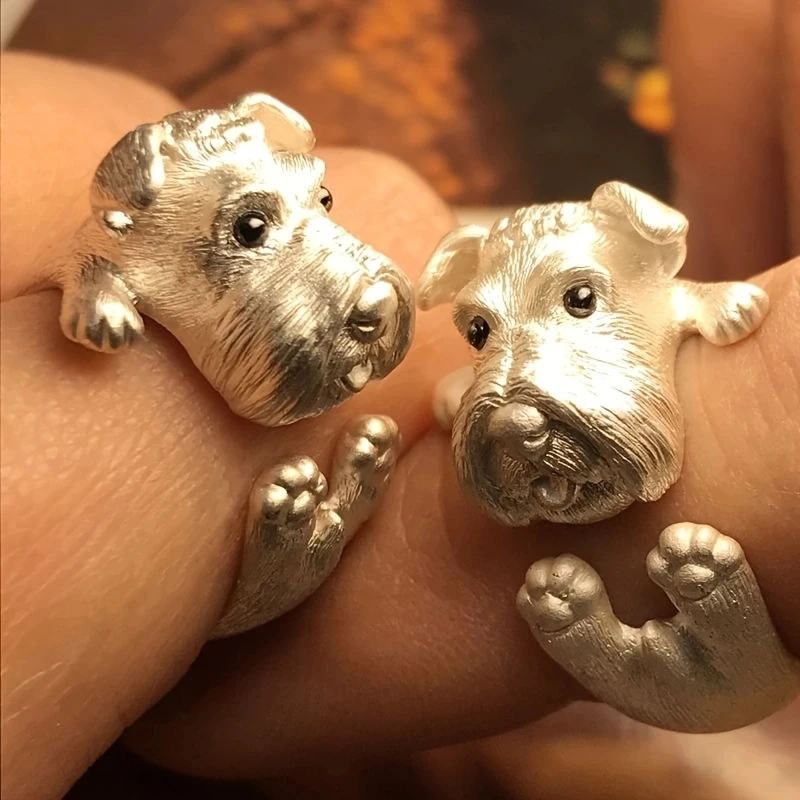 Exquisite Fashionable Silver Color Cute Three Dimensional Schnauzer Dog Animal Ring Open Ring Cute Pet Party Jewelry Gift Rings