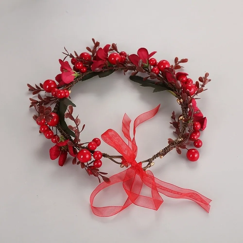 Large Red Berry Garland Red Flower Green Leaf Artificial Flower Garland Ribbon Wine Red Rose Ribbon Wreath Headband - view 4